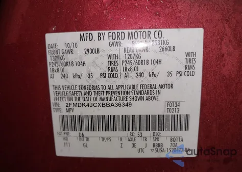 2011 Ford Edge Sel из США, поврежденный, VIN 2FMDK4JCXBBA36349